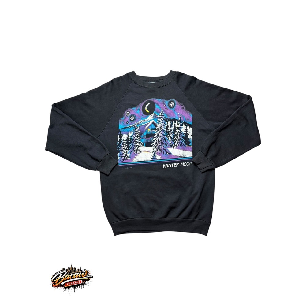 Vintage Sun Sportswear Winter Moon Graphic Sweatshirt Black Raglan Large